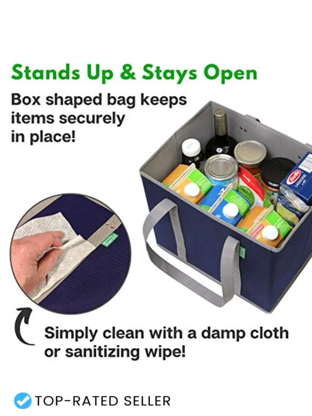 Heavy Duty Reusable Grocery Bags, Large Box Shaped Totes, Stand Up, Foldable,